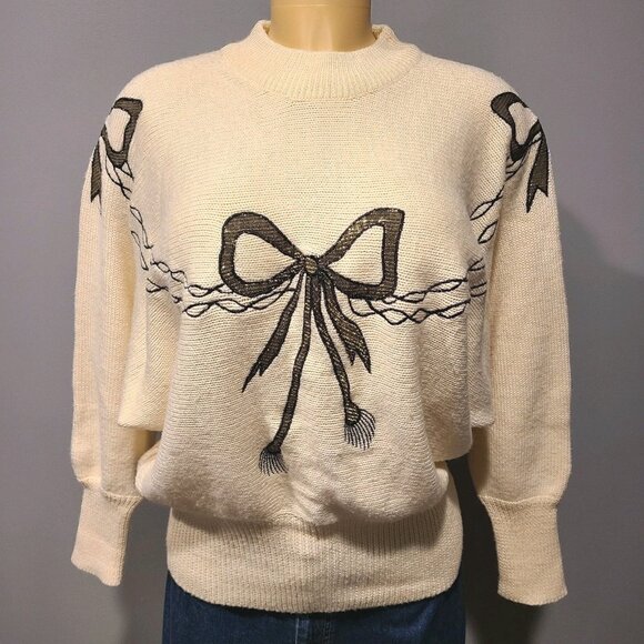 Vintage Sweaters - Vintage Bow Sweater Womens Holiday Gilded Gold Cream Wool Blend Size Large